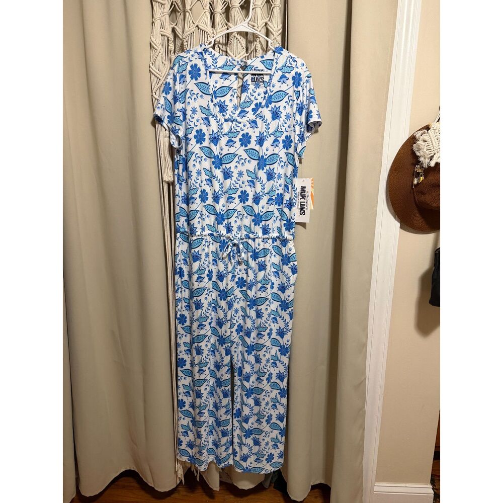 Muk Luks Floral Jumpsuit Women’s L Blue White Short Sleeve Wide Leg NWT